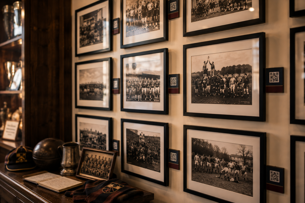 Framed historic club photographs with discreet QR Markers in a Heritage Timeline display.