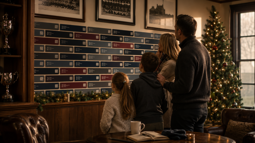 Christmas scene with a Heritage Tile wall for asking who to honour.