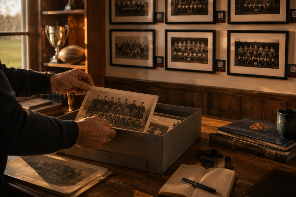 Historic team photograph being added to an archive beside a Heritage Timeline.