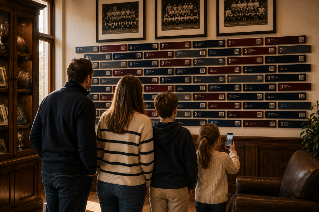Family viewing a Heritage Tile Wall in a warm sports clubhouse.