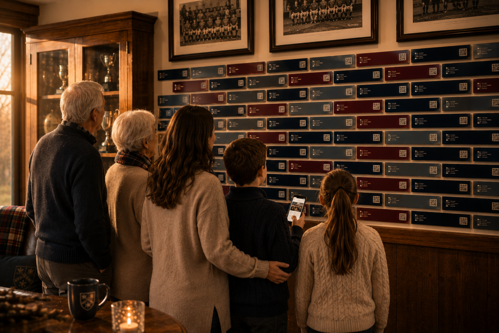 Volunteer arranging club photographs and memorabilia near a Heritage display.