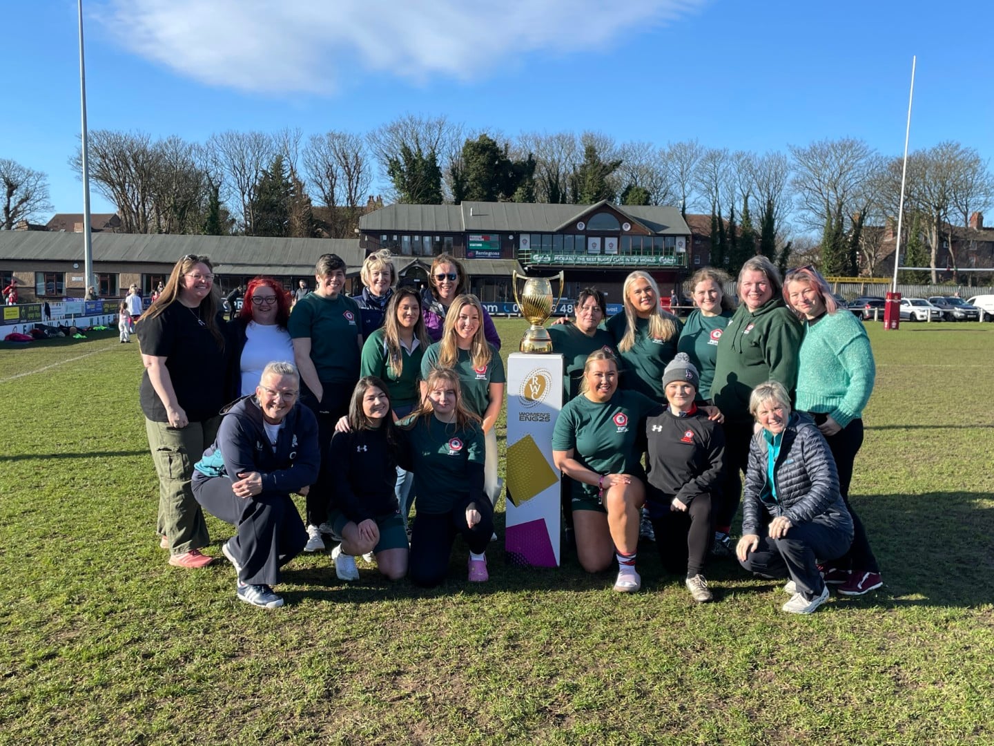 Gill Burns with current and former Waterloo women during the World Cup trophy visit. Image credit: Waterloo RFC; photographer not stated; original club photograph, full frame retained