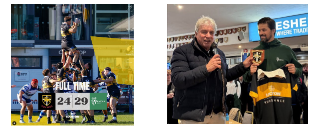 John Inverdale presenting Esher’s crest and a shirt following the President’s Team match against Cascais Rugby. Esher Rugby’s match report illustration. Image credit: Esher Rugby (official club website, esherrugby.com).